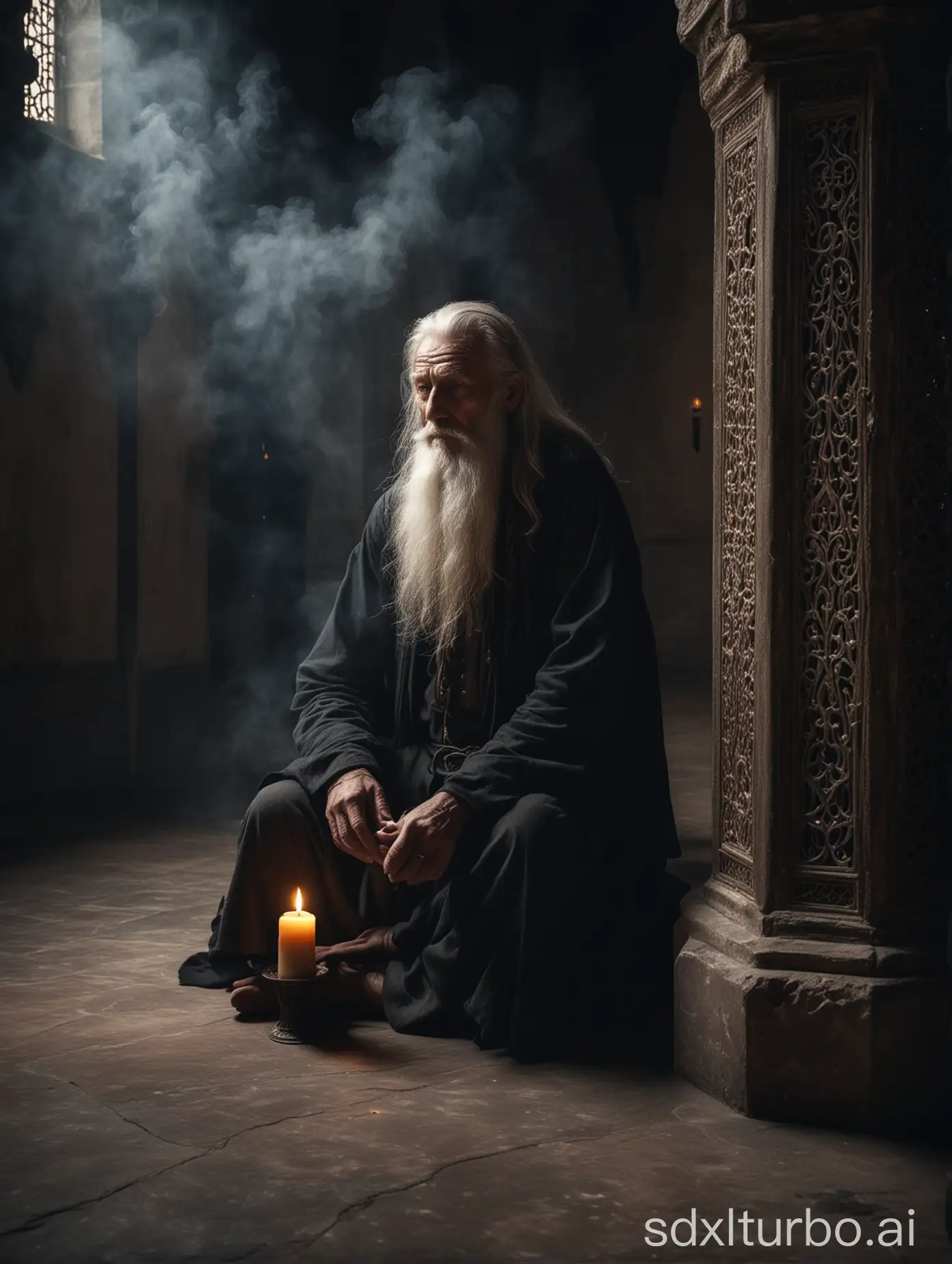 Medieval-Old-Man-Sitting-in-Dark-High-Mosque-with-Floating-Candle-Smoke