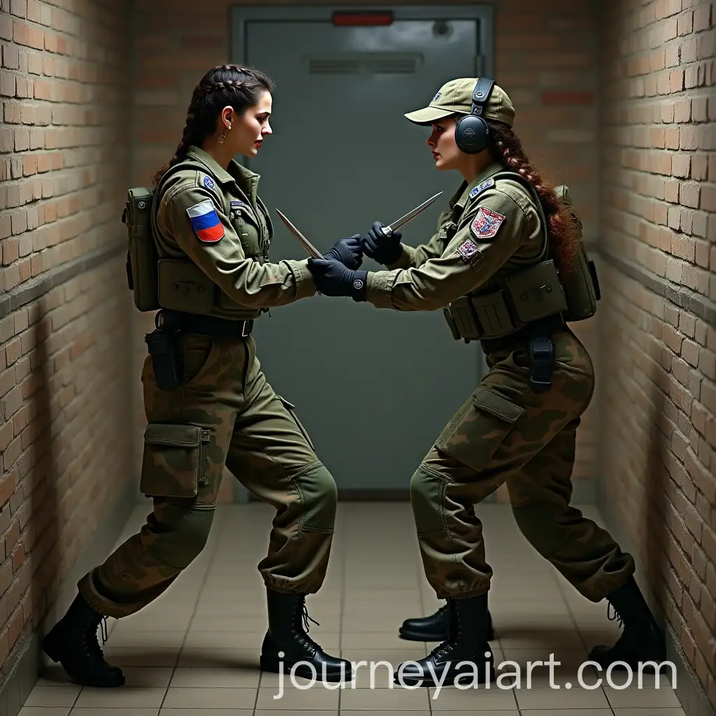 Military-Women-in-Tactical-Gear-Fighting-with-Daggers-in-Underground-Bunker