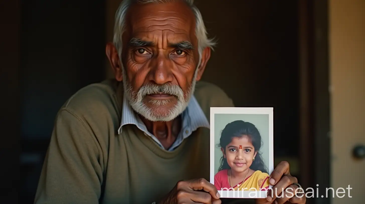 Sad Indian Elder Holding Photo of Smiling Young Girl in Saree