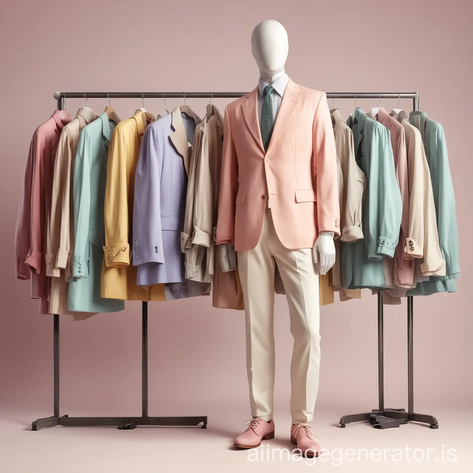 commercial illustration, logo, highest quality, comics style, artistic render, faceless men mannequin with vintage clothes on, pastel colours