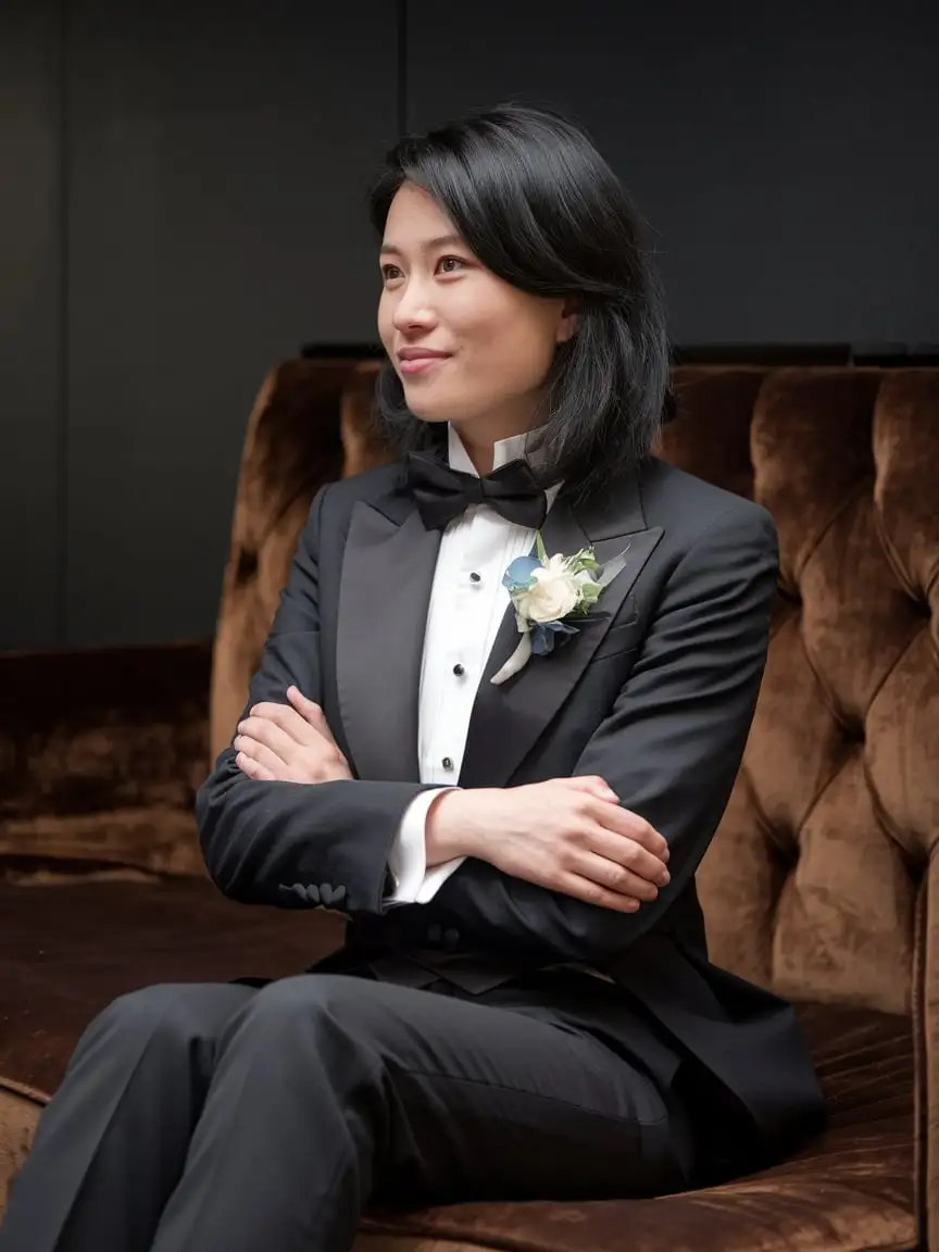 Smiling-Chinese-Woman-in-Tuxedo-with-Cufflinks-Seated-on-Plush-Couch