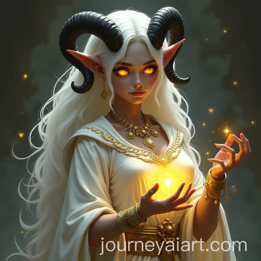 Celestial-Tiefling-Warlock-with-Gold-Healing-Magic-and-Curled-Black-Horns