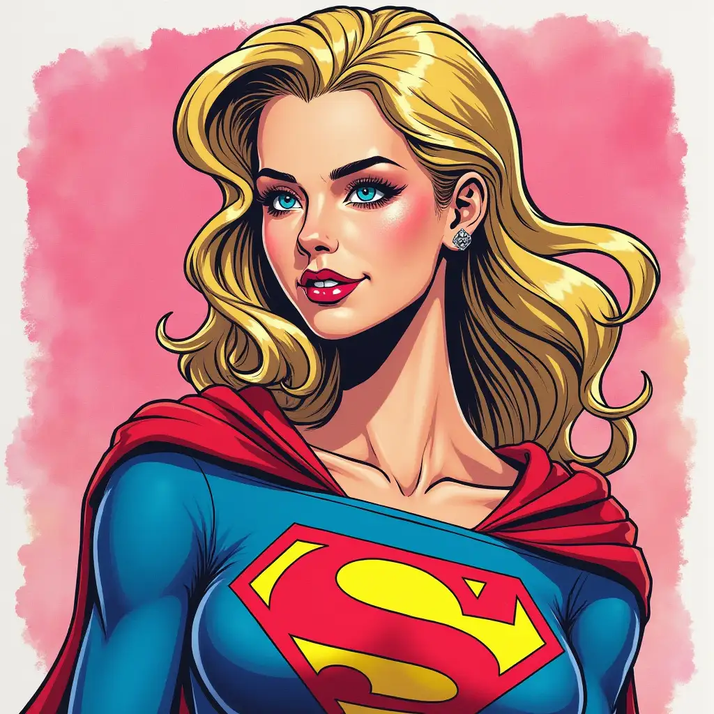 Dc comics supergirl in a retro 80s cartoon watercolour style, bold lines, neon colors, nostalgic vibe.