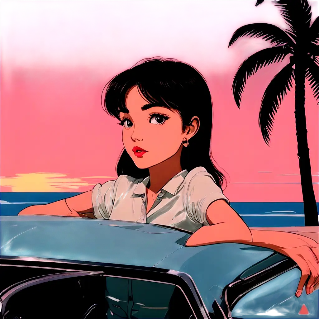 An American manga-style illustration with a retro 1990s aesthetic. The scene features a calm and serene handsome anime character, side-parted black hair, glossy lips, retro, vintage suite, were glass ,at beautiful sea with coconut trees and vintage car, set against the background is minimalist, soft blue, pink and yellow palette. sunset time