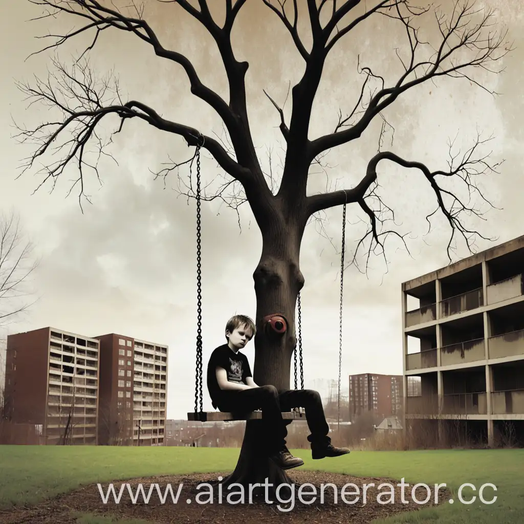 Boy-Swinging-on-Tree-with-Urban-Landscape-Background