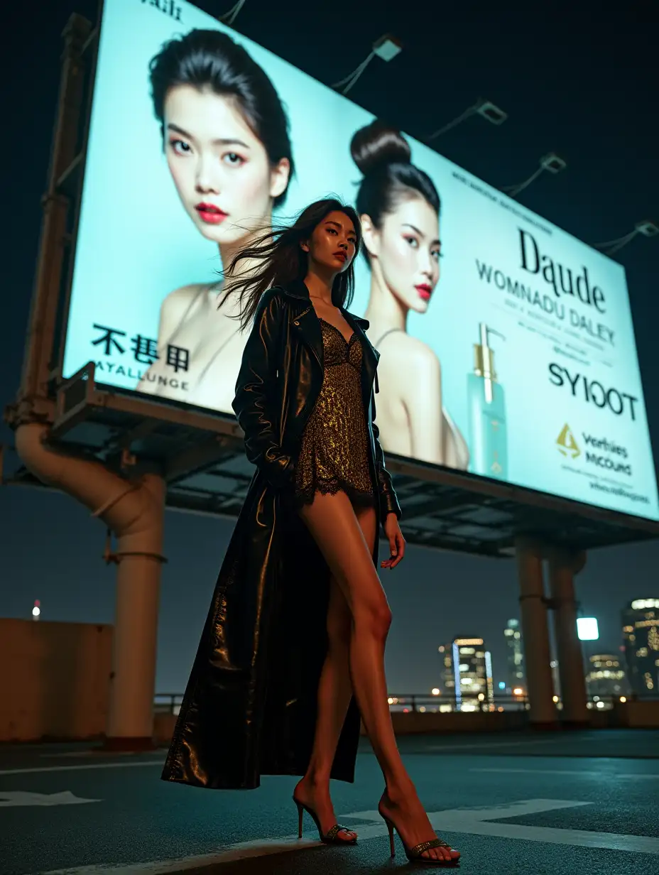 A young Japanese woman, fashion model, stylishly posing by action in front of an even larger gigantic wide rooftop billboard at night, taking up a more prominent portion of the screen. She wears a long black latex chester coat over a lace-trimmed shiny gold mini-dress, heeled sandals, and her long dark brown hair blows in the wind. The background features the billboard showcasing a cosmetics advertisement with an image of a young Japanese woman whose hair is elegantly styled in an updo, with English text, displaying a poised and sophisticated expression. The scene is set atop an urban building, illuminated by city lights at night. Visible industrial elements like piping and a water tank contrast with the high-fashion aesthetic. The lighting emphasizes a modern, edgy vibe, blending glamorous advertising with the raw textures of city infrastructure. The model in front of the billboard is the same person as the woman on the advertisement, with the billboard taking up a larger portion of the scene. IMG-7587.JPG