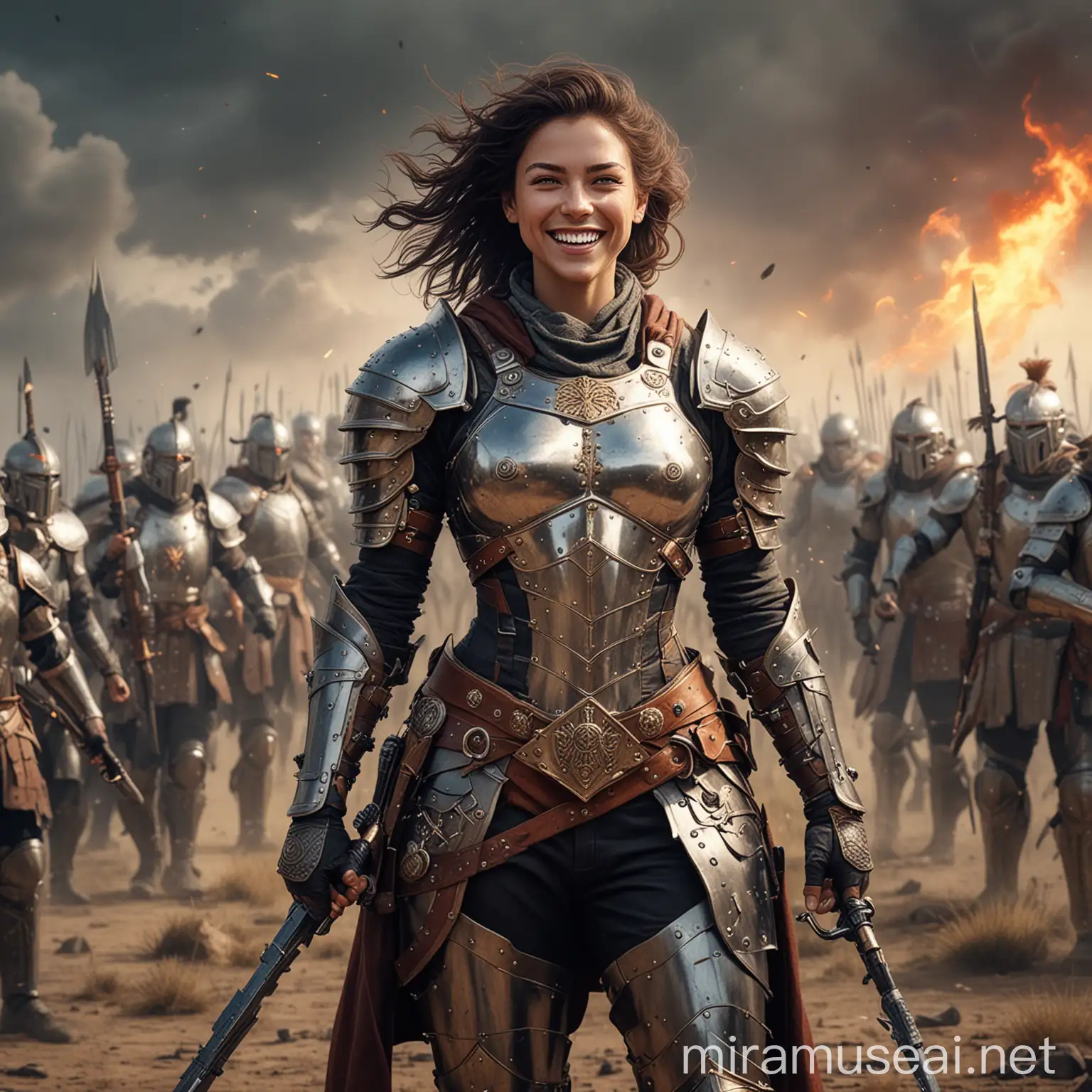 Warrior Woman Smiling in Armor Amid Battle