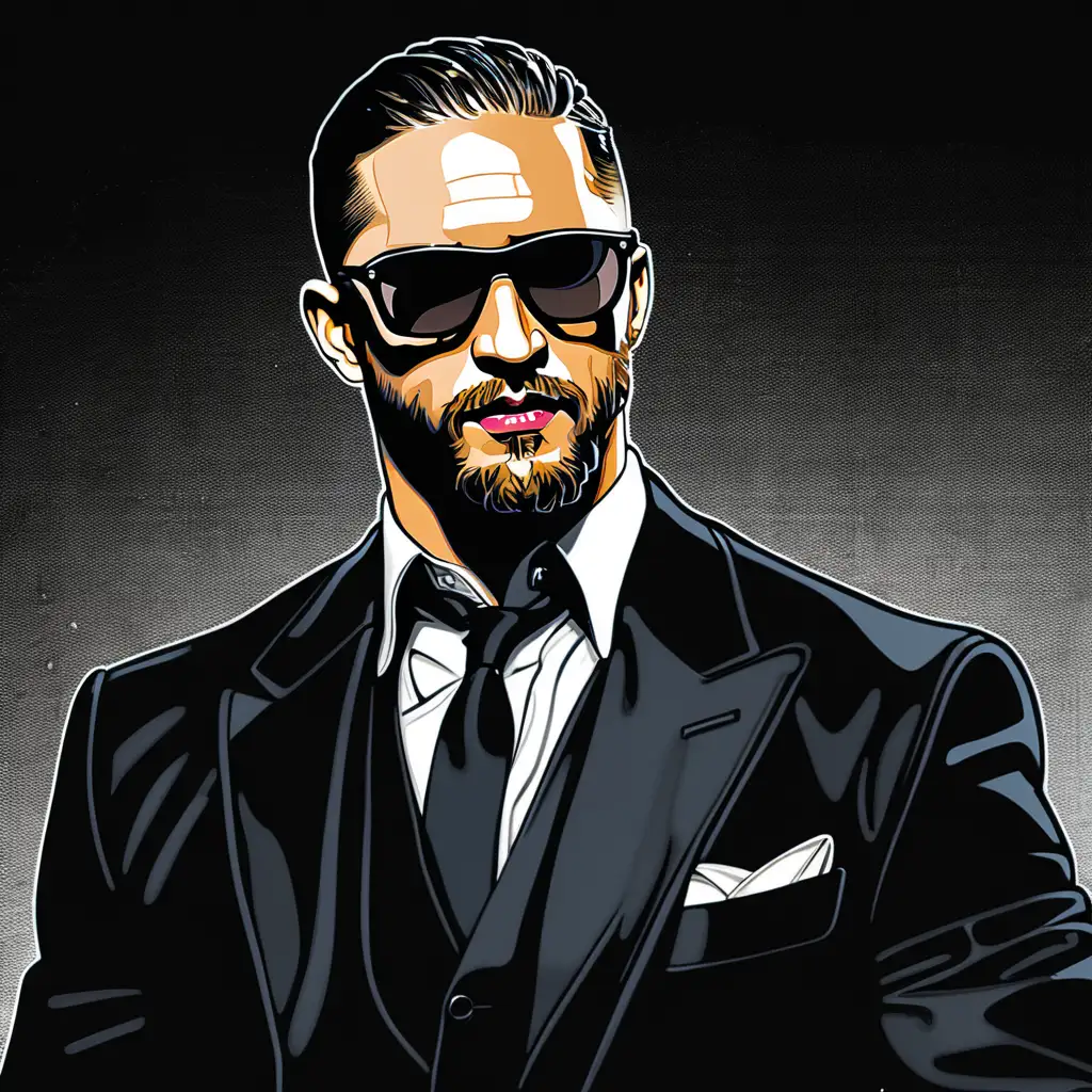 Tom Hardy in a Black Suit and Sunglasses in a Dark Comic Style Environment