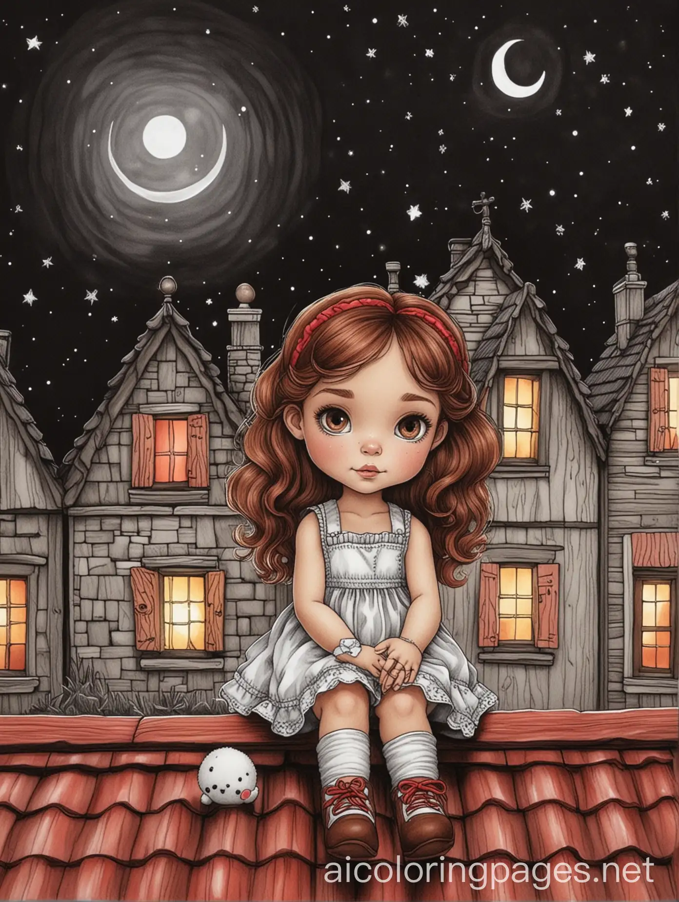 Dreamy-Girl-with-Stuffed-Animal-on-Red-Roof-at-Night