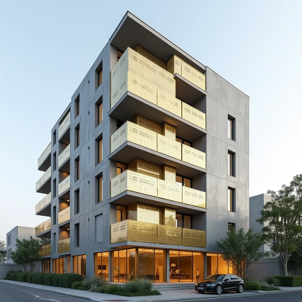 Modern-Residential-Building-with-Light-Gray-Metal-Cladding-and-Gold-Perforated-Panels