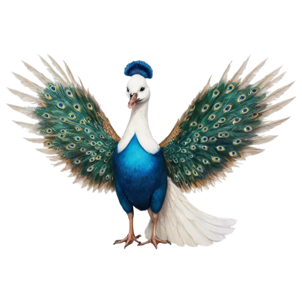 A dog with swan wings and a beaver face and peacock tail