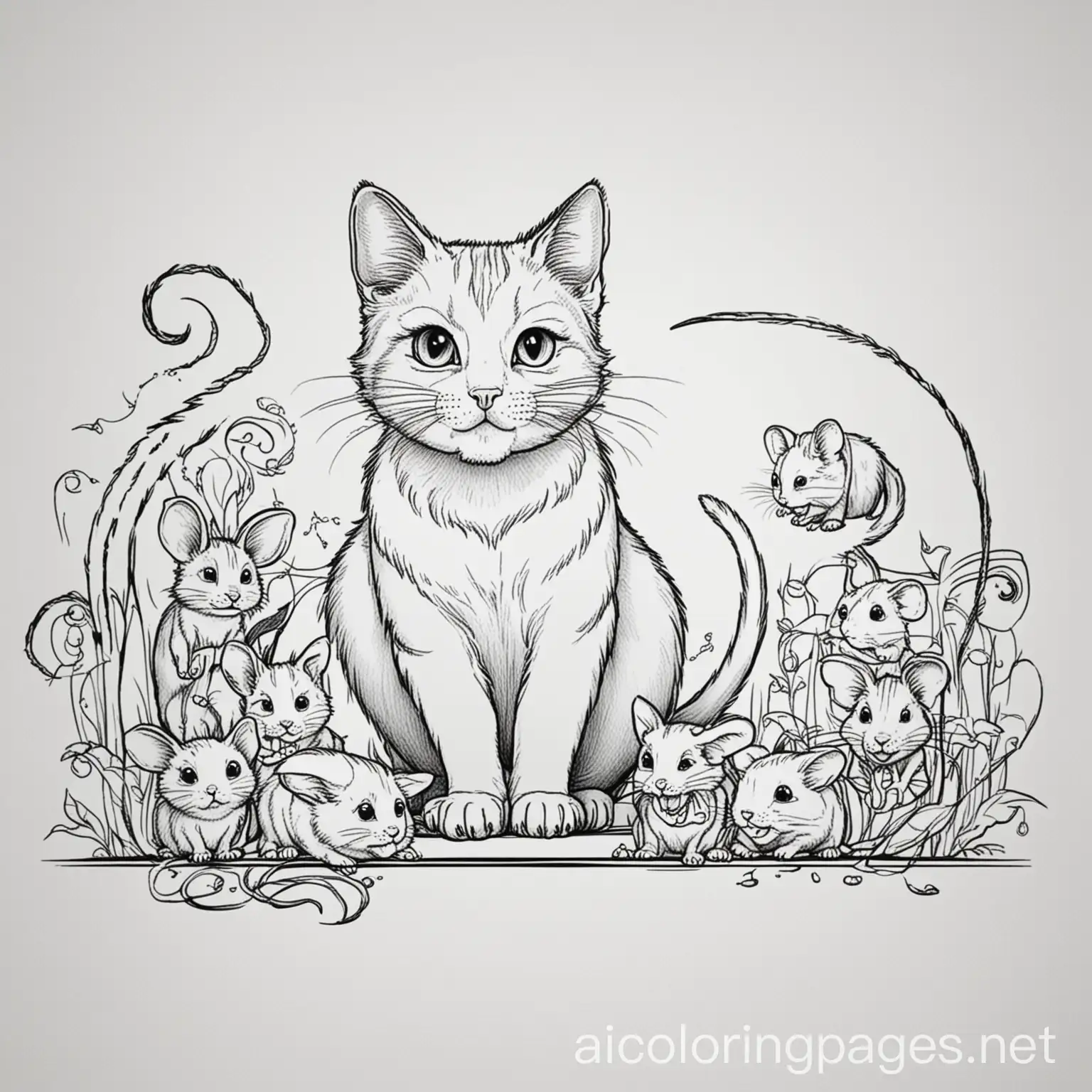 cat and mice, Coloring Page, black and white, line art, white background, Simplicity, Ample White Space. The background of the coloring page is plain white to make it easy for young children to color within the lines. The outlines of all the subjects are easy to distinguish, making it simple for kids to color without too much difficulty