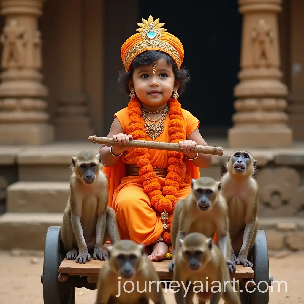 Child-Dressed-as-Lord-Rama-in-Traditional-Attire-on-a-Wooden-Chariot-with-Monkeys