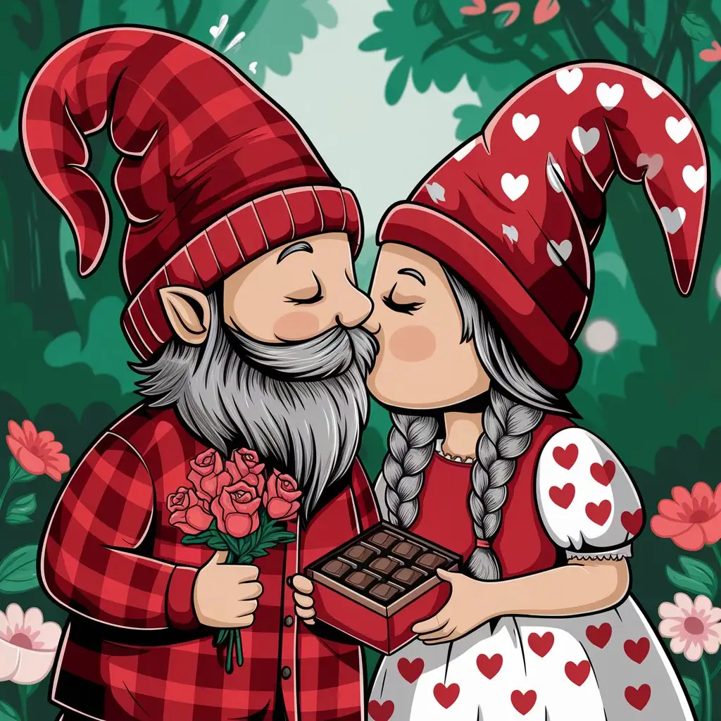 4k Ultra High Definition, Illustration of a Valentine's Day Gnome Couple kissing. Both Gnomes are wearing oversized hats. Both Gnomes have grey hair, The male gnome having a grey full beard and the female gnome having no facial hair at all. She has Grey Braids. Both Wearing oversized hats that covers both of Their eyes completely, leaving only Their bulbous noses exposed. He is wearing a red flannel shirt and holding a bouquet of roses and a box of chocolates. She is wearing a Pretty White and red dress with hearts on it.