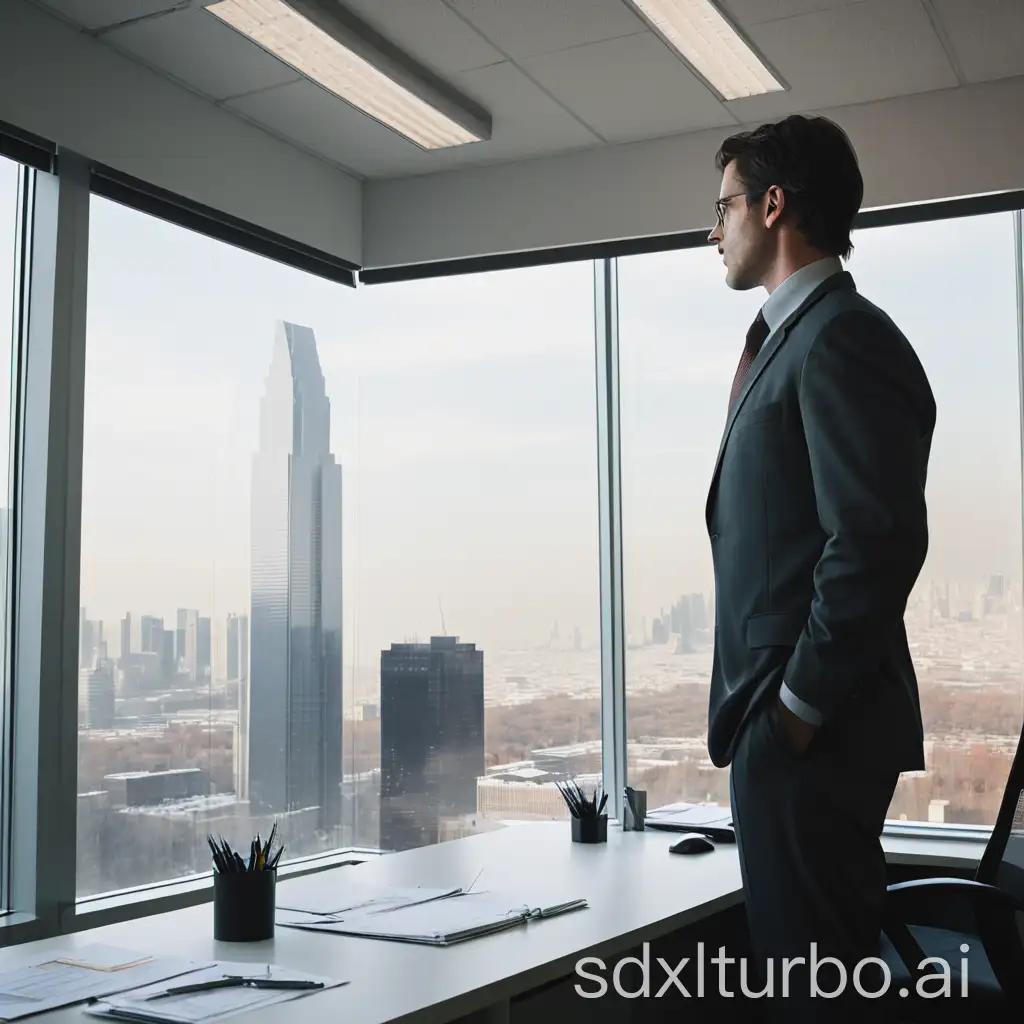 Man-Working-in-Office-with-City-View-from-Window