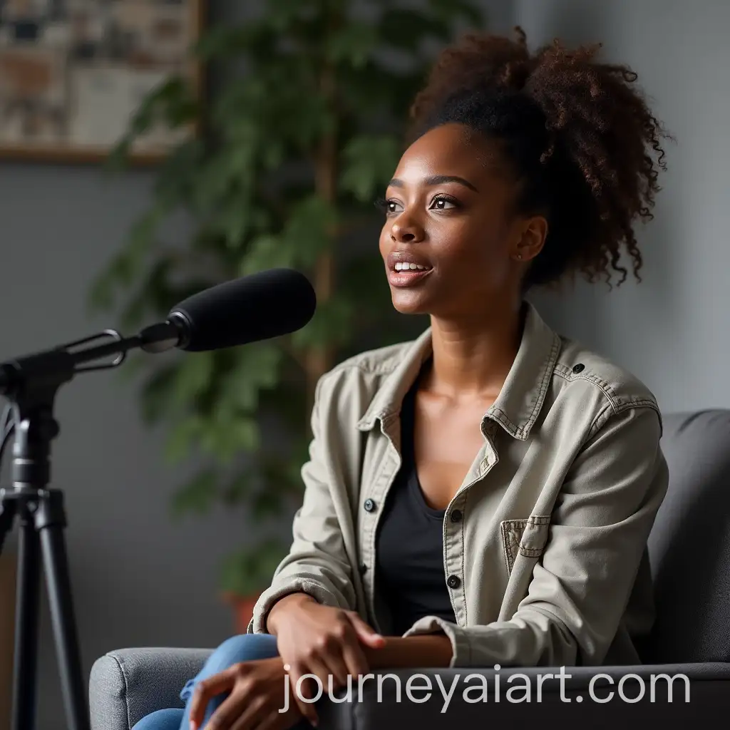 Young-Black-Woman-Speaking-into-a-Microphone-on-a-Grey-Couch