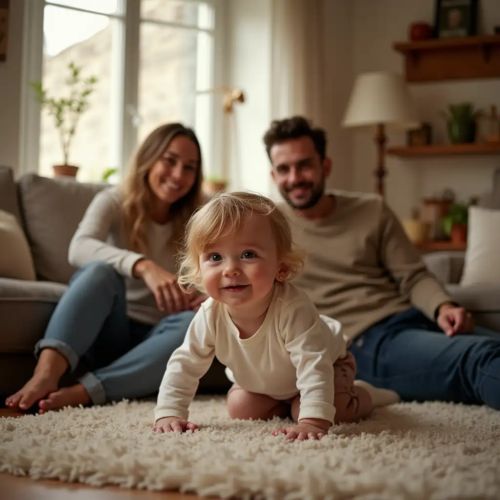 A cozy family living room with a child playing on the floor and parents watching with smiles, warm and inviting atmosphere.