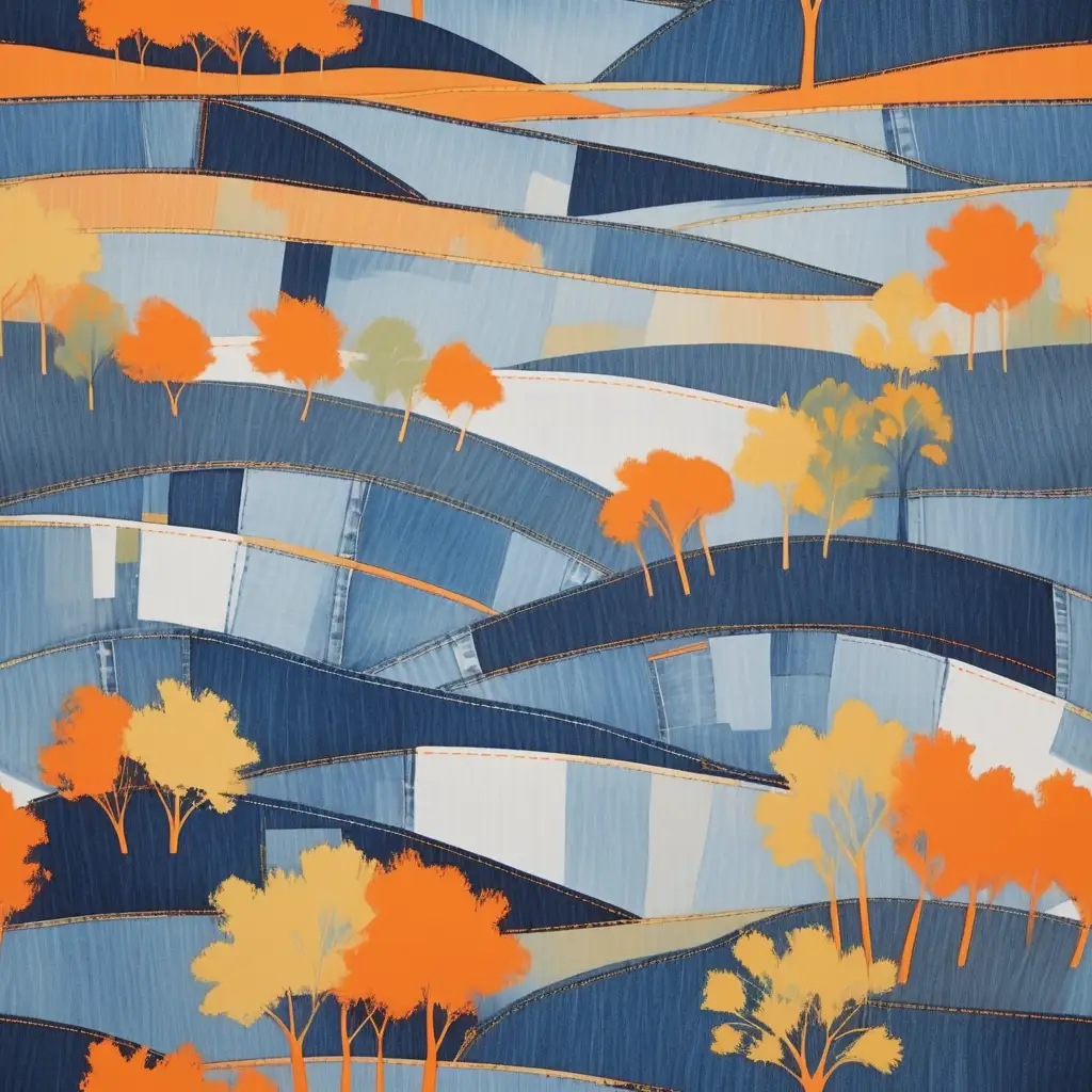 Impressionist Landscape in Denim Blue and Citrus Orange