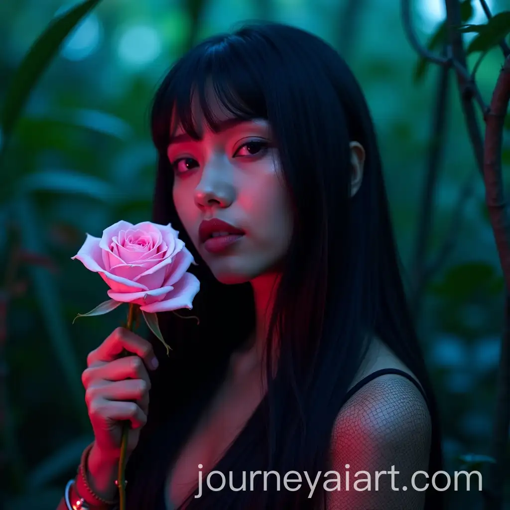 Cyberpunk-Portrait-of-Serene-Indonesian-Woman-Holding-Pale-Pink-Rose-in-NeonLit-Jungle