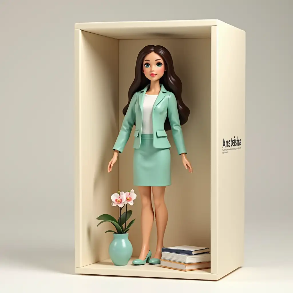 Create an action figure on photo. It should be a doll. The doll should be standing inside the box. It is dressed in [office suit with mint skirt]. The box is [milk color] full height. Near the figurine should be its accessories: [notebook], [tablet], [textbook], [orchid]. Also on the box on top it should be written [Anasteisha], and under it - [Computer science teacher]. Represent this as maximum realistic.