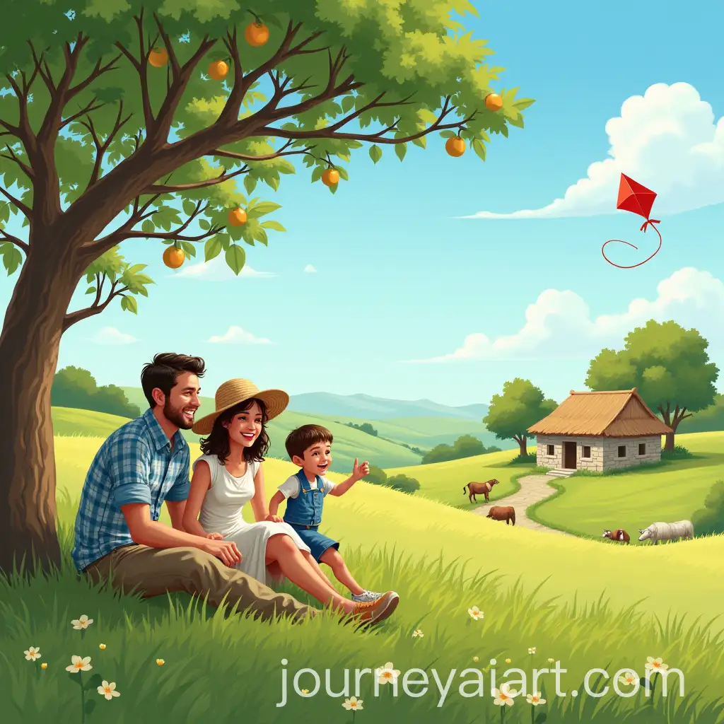 Family-Enjoying-a-Sunny-Day-in-a-Lush-Green-Field-with-Children-Flying-a-Kite