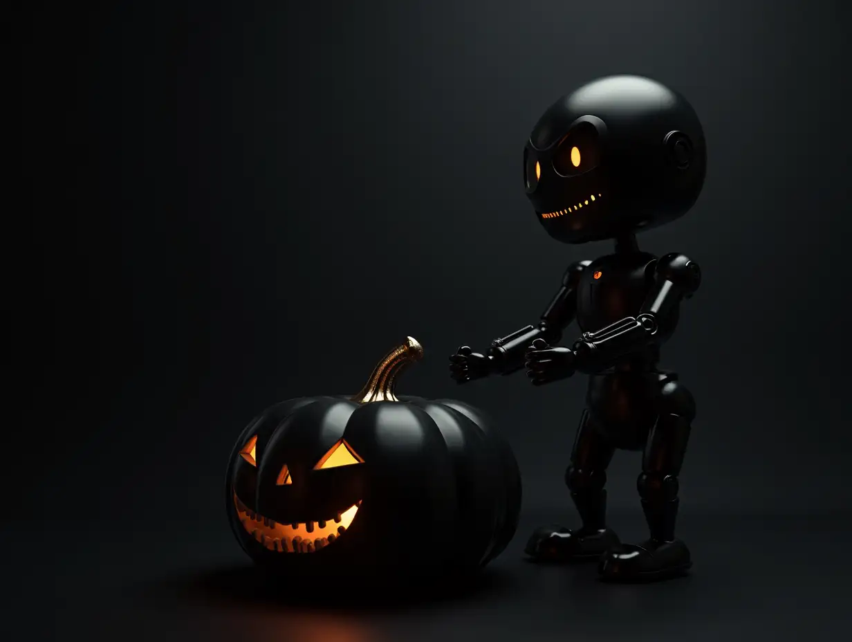 Black halloween pumpkin and black scary robot on dark background, AI generated