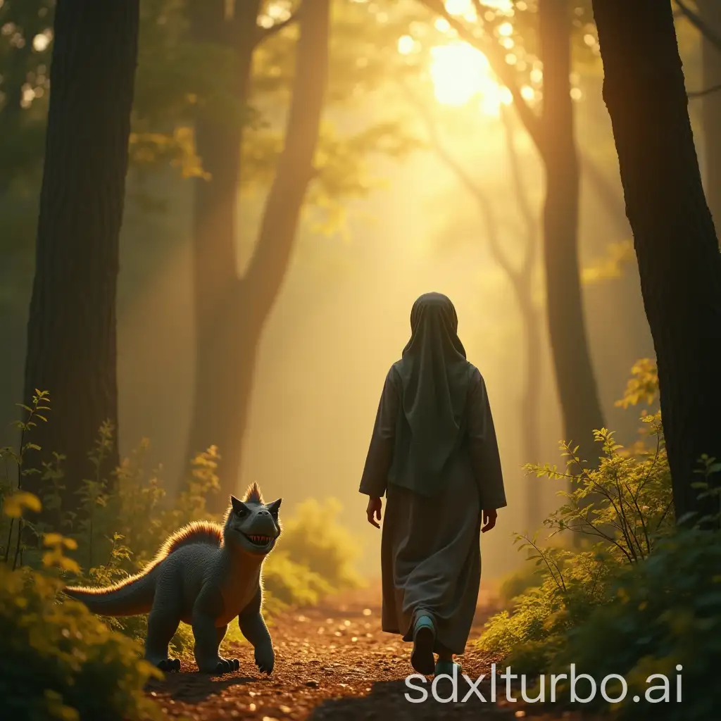 An enchanted forest bathed in the soft, golden light, a Muslim girl wearing niqab, behind and a cute dinosaur walk by