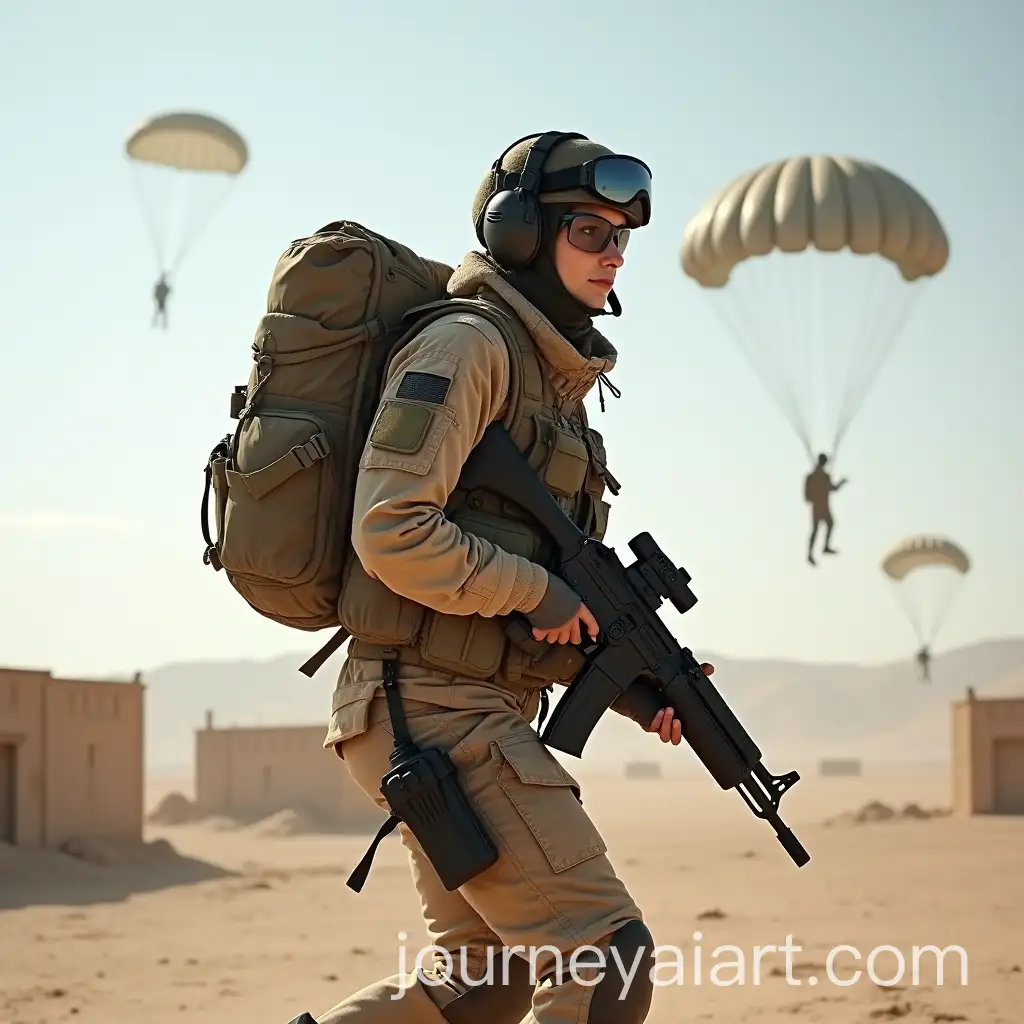 Russian-Female-Military-Officer-Parachuting-Over-Desert-with-Kalashnikov-AK47