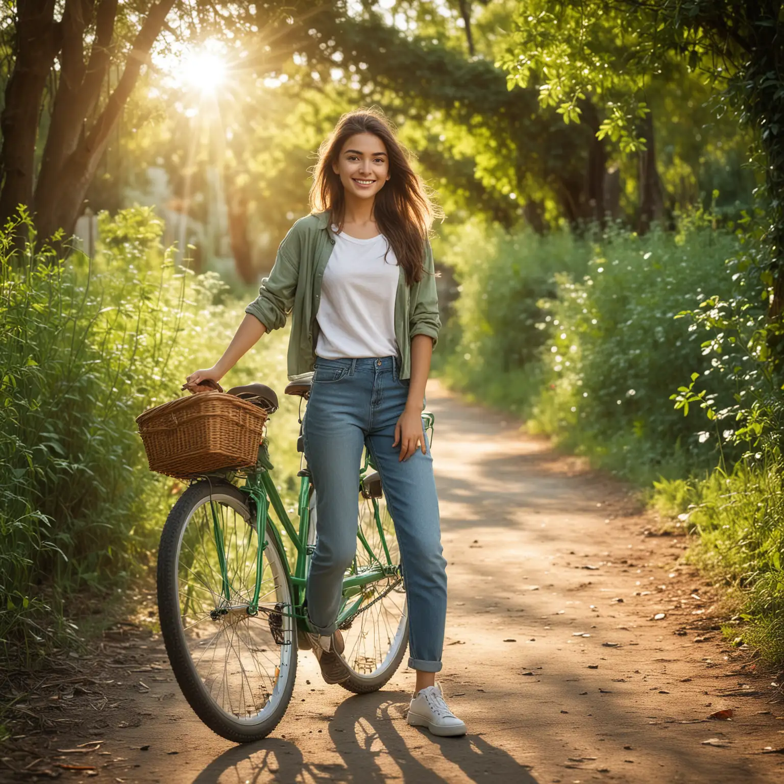 A beautiful girl posing with a green bicycle in the morning, walking in nature. She is standing on a path surrounded by lush greenery, with sunlight filtering through the trees. The girl is dressed in casual, comfortable clothes, smiling and looking relaxed. The composition captures the serene atmosphere of the early morning, with the girl and her bicycle as the focal points against the vibrant natural background.