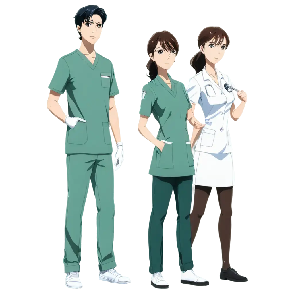 Anime-PNG-Image-of-Nurses-1-Man-2-Women-in-Sage-Color-Uniforms-Perfect-for-Medical-and-Healthcare-Themes