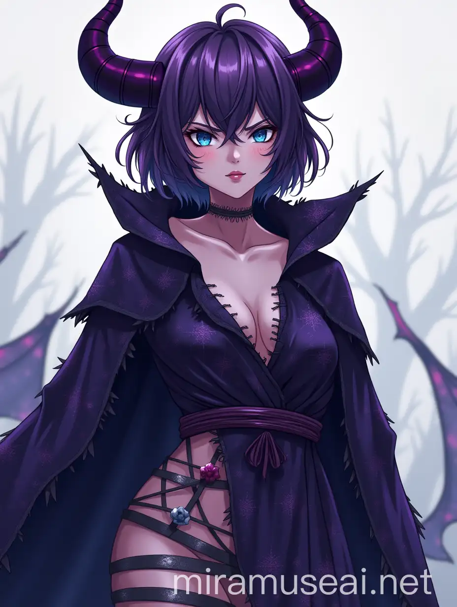 A evil daemon, ((she pallid skin)), heroic pose, she has demonic horn, She has short, evil, dark purple hair and striking, bright blue eyes. Her expression is intense and focused.  She wears a dark purple, flowing robe adorned with a pattern resembling a starry night sky. The robe has tattered, ripped sections and appears to have bandages or strips wrapped around her body, giving a sense of mystical or magical attire. She is chubby. style is detailed and illustrative, reminiscent of character art. in epic anime