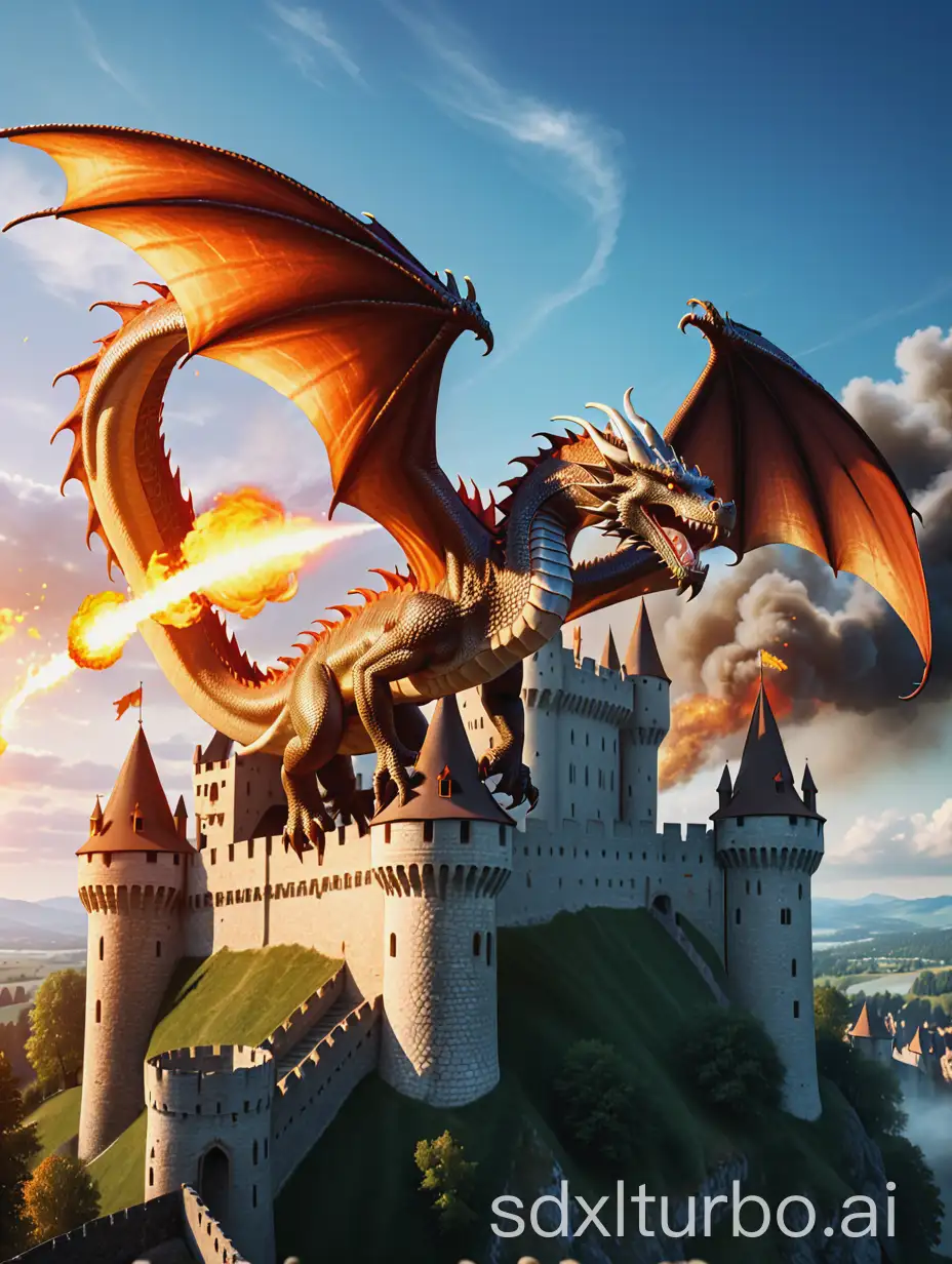 A majestic dragon soaring above a medieval castle, breathing fire,