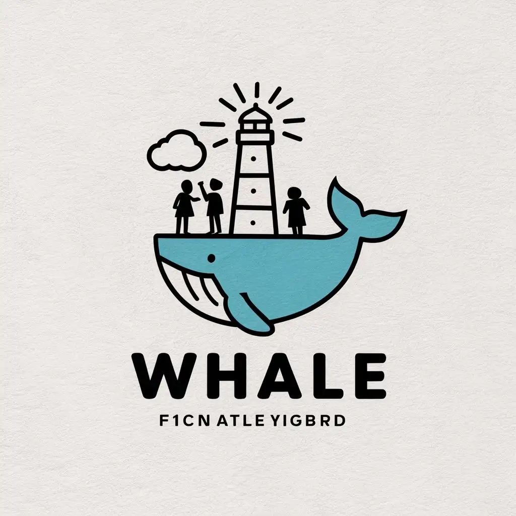 a vector logo design,with the text "whale", main symbol:colored whale without inscription, on white background, children interact near lighthouse,complex,be used in education industry,clear background