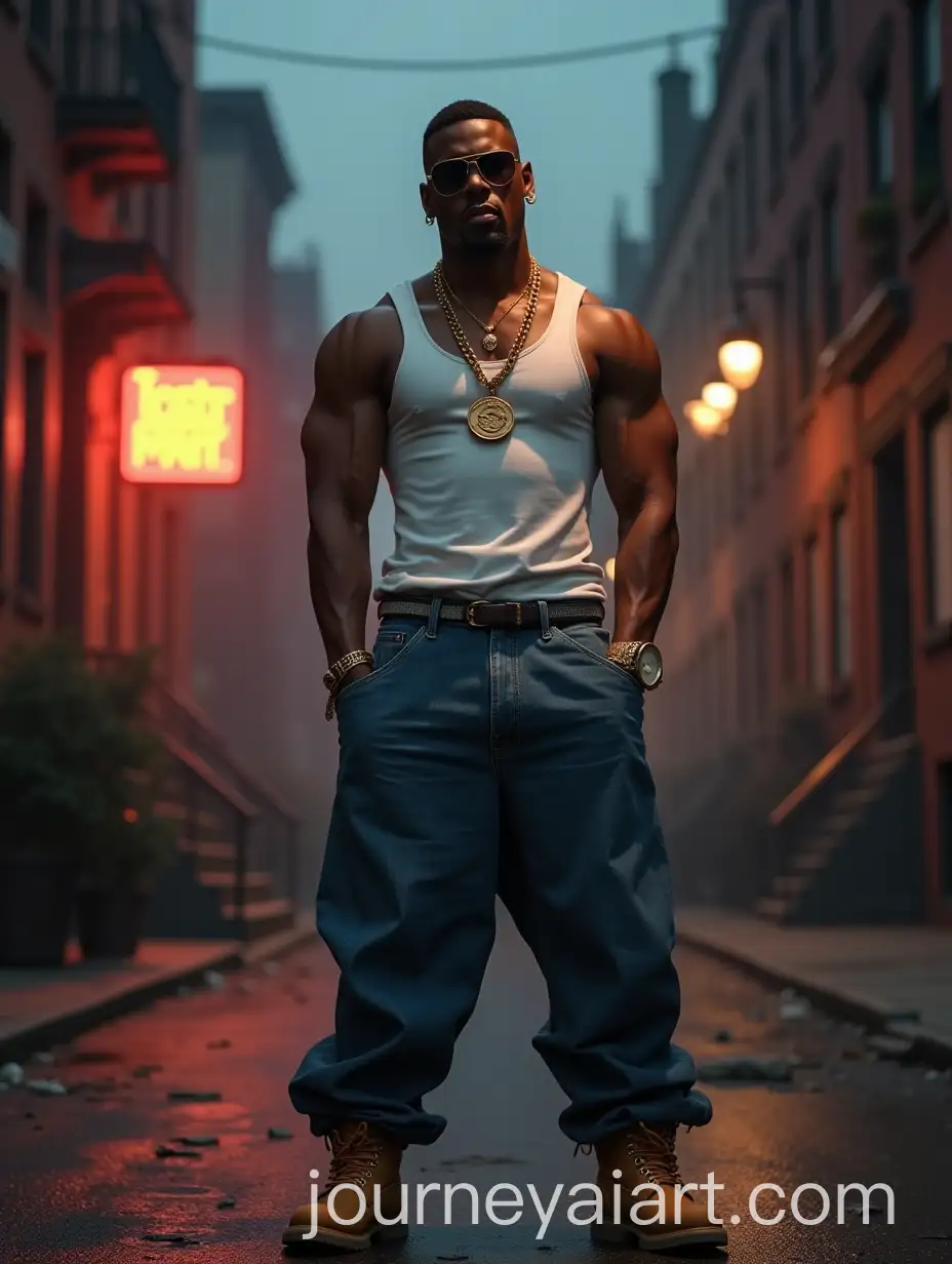 Muscular-AfricanAmerican-Rapper-in-Gritty-Urban-Street-at-Dusk