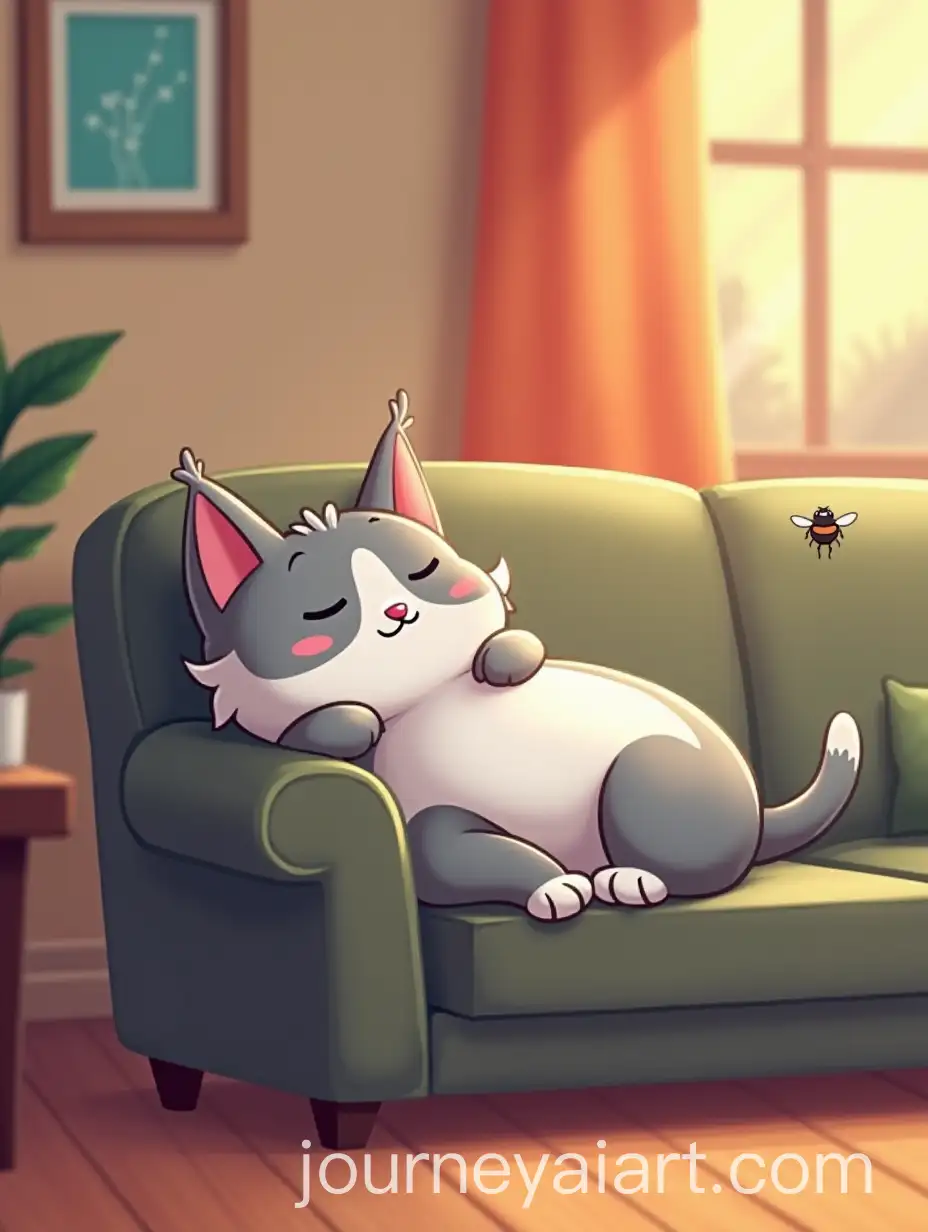 Lazy-Cartoon-Cat-SleepingAI-Image-Expansion-on-Couch-with-Buzzing-Fly-in-Cozy-Living-Room