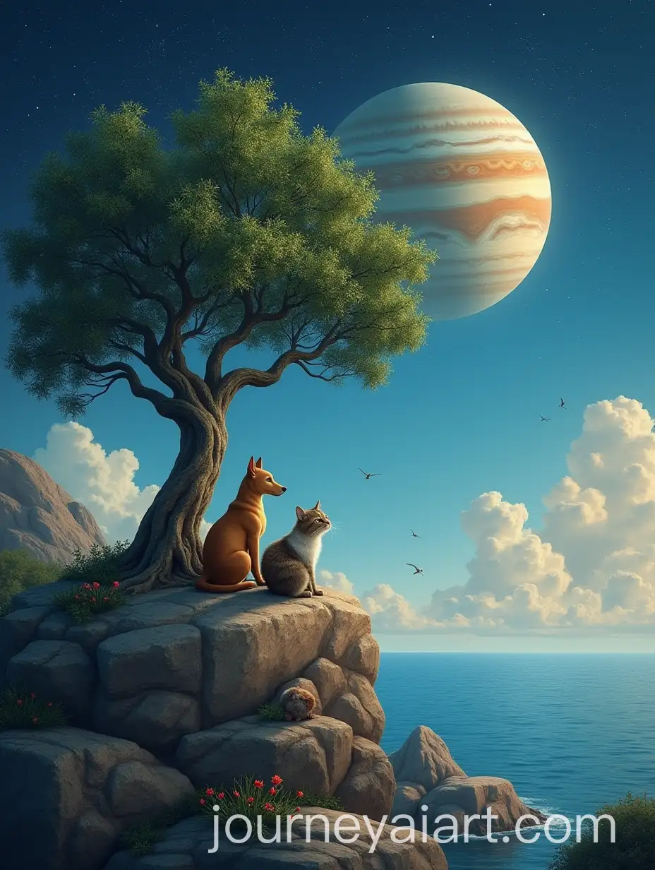 Tree-on-a-Rock-with-Dog-Cat-and-Mouse-Watching-the-Moon-and-Jupiter-by-the-Sea