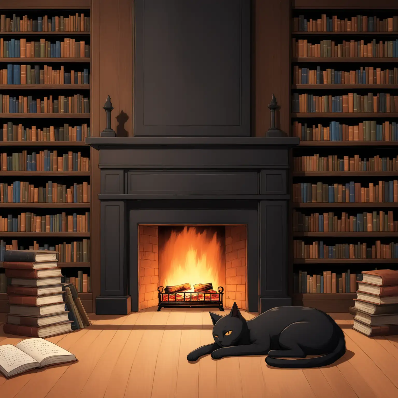 Cozy Fireplace Scene with Sleeping Black Cat