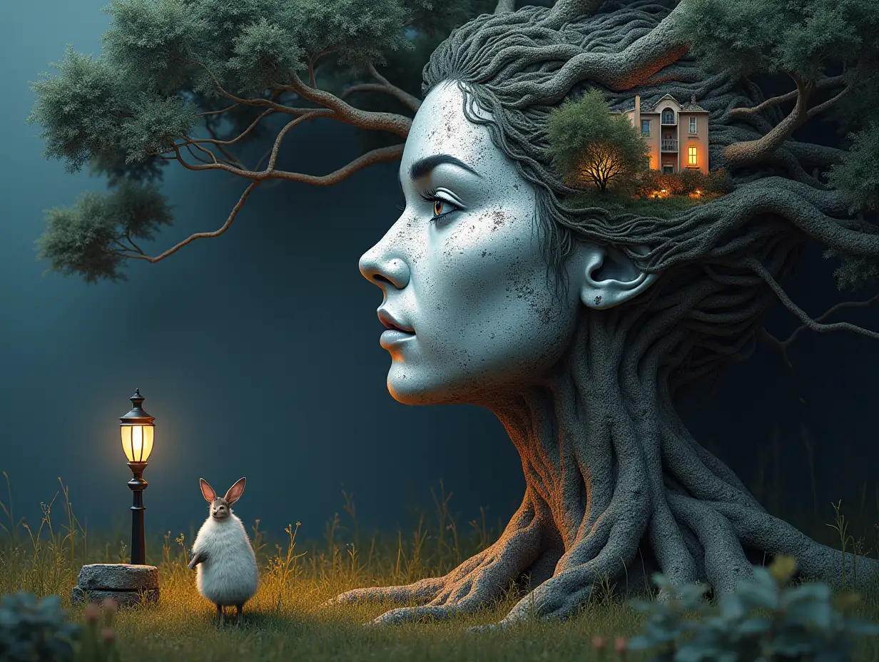 Face with hair transformed into building with silver stone and Illuminated trees with roots and lamp on a meadow with animals looking at the viewer