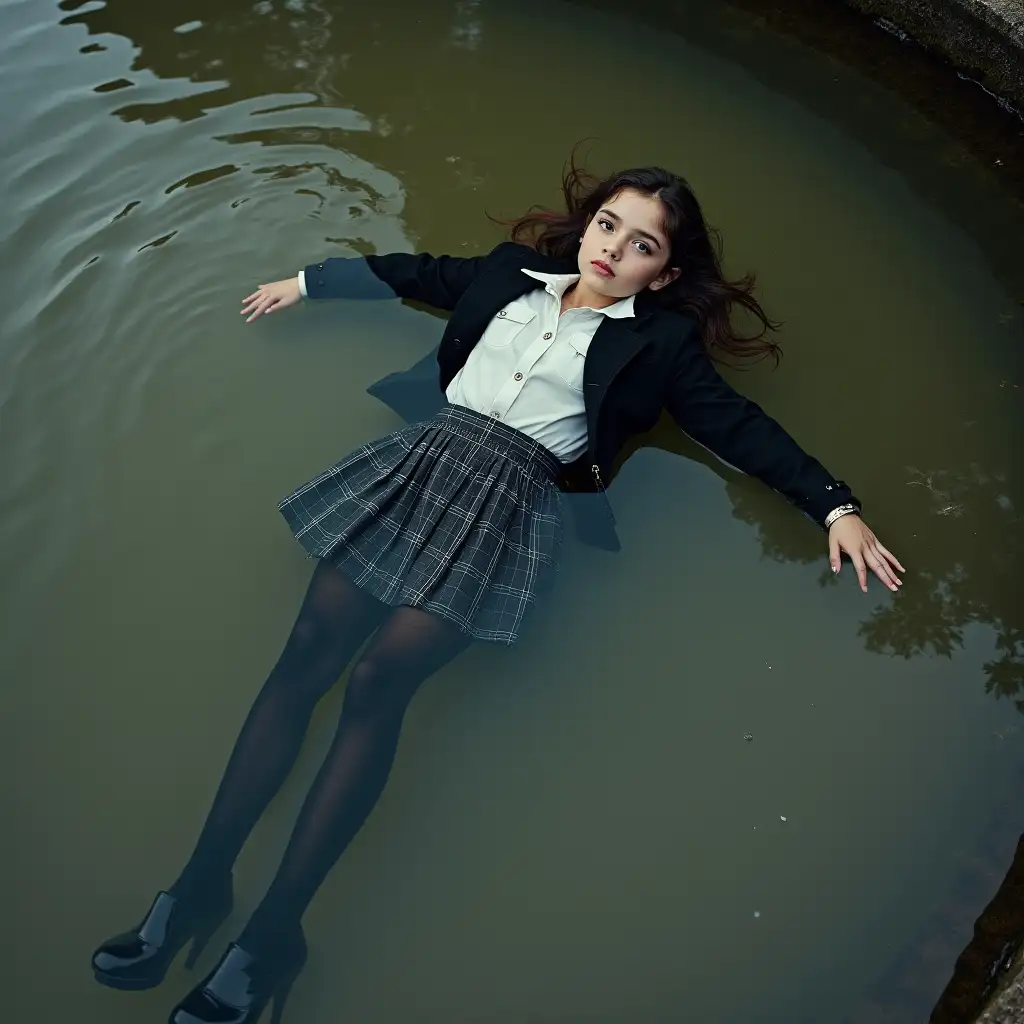 A young schoolgirl in a school uniform, in a skirt, jacket, blouse, dark tights, high-heeled shoes. She is swimming in a dirty pond, lying underwater, all her clothes are completely wet, wet clothes stick to her body, the whole body is underwater, submerged in water, under the surface of the water, below the water's edge.