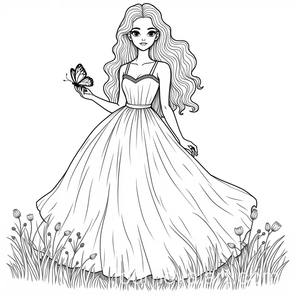 Young-Woman-in-Ball-Gown-Holding-Butterfly-in-Meadow-Line-Art-for-Coloring-Book