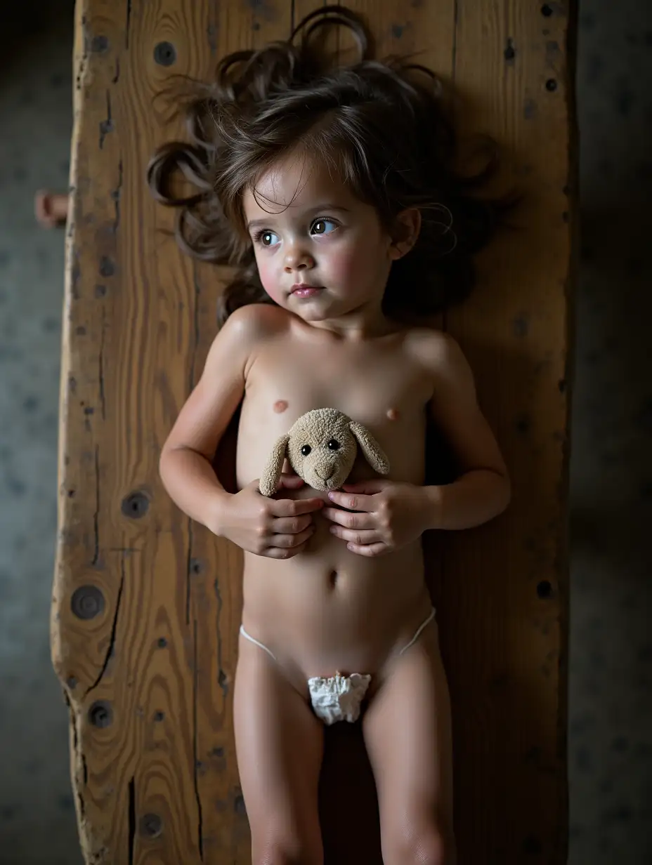 Skinny-Little-Girl-Lying-on-Wooden-Table-Holding-Stuffed-Animal