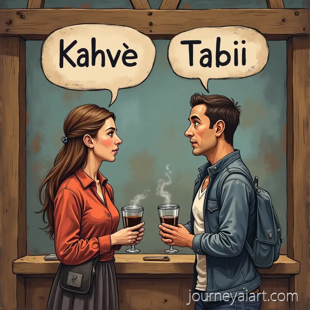 Waiter-and-Tourist-Conversing-in-a-Turkish-Cafe-with-Coffee-Sign-Dialogue