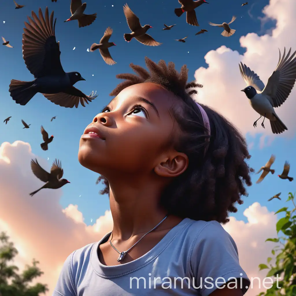 Young Black Girl Gazing Up at Birds in the Sky