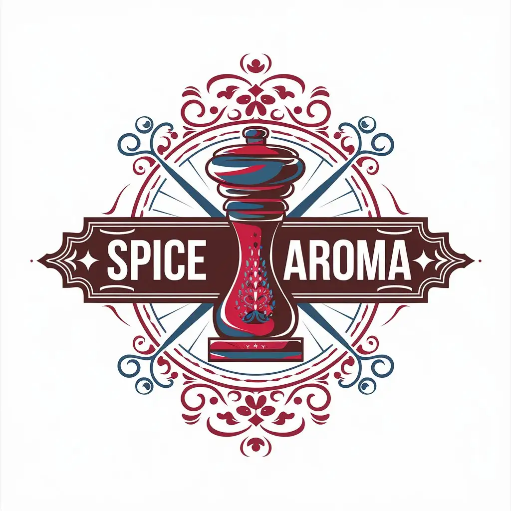 LOGO Design for Spice Aroma Magic Spice Mill in Red and Blue Colors on a Clear Background