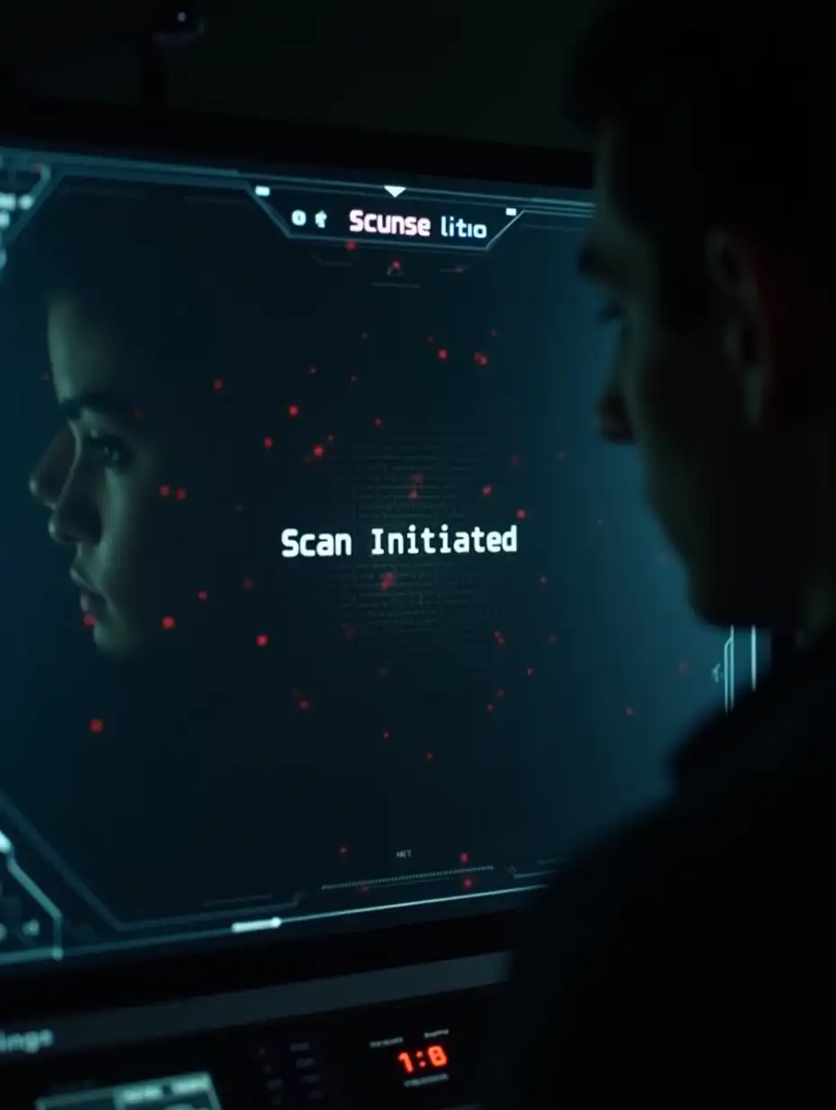 A close-up of a futuristic mech interface screen displaying a 'Scan Initiated' message, followed by small red dots appearing on a dark grid-like background. The screen flickers slightly as the scanning process continues, creating an intense, high-tech atmosphere. Faint electronic lines and minimal UI elements add to the high-tech look, with dim lighting illuminating the control panel. In the reflection, the faint outline of a young man's face can be seen, his gaze fixed on the screen, emphasizing a sense of anticipation and tension.