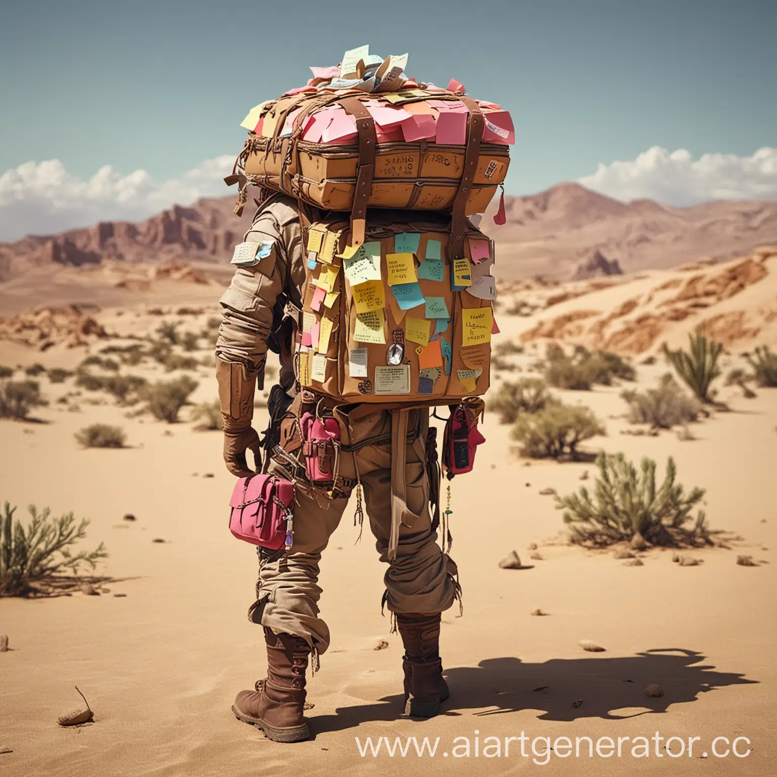 Fantasy-Desert-Traveler-Adorned-with-Sticky-Notes-and-Backpack