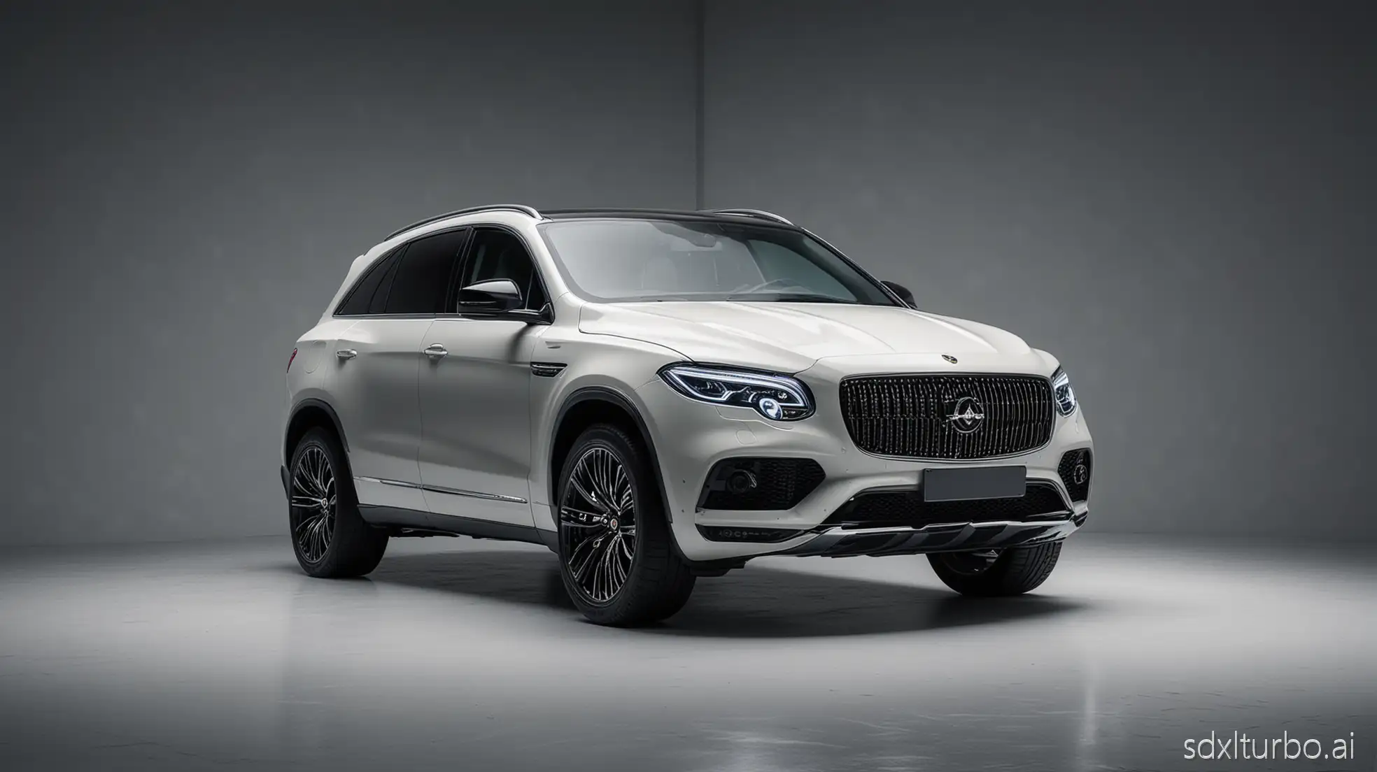 A modern, high end, luxury vehicle, inside of a studio setting, studio lighting