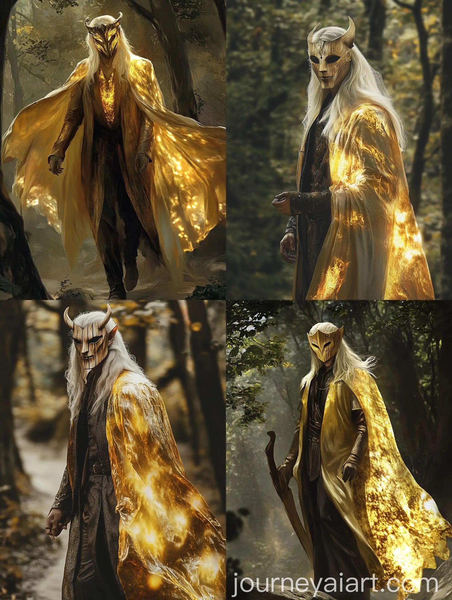 Elegant-Elf-with-Harlequin-Mask-Traversing-Sunlit-Forest