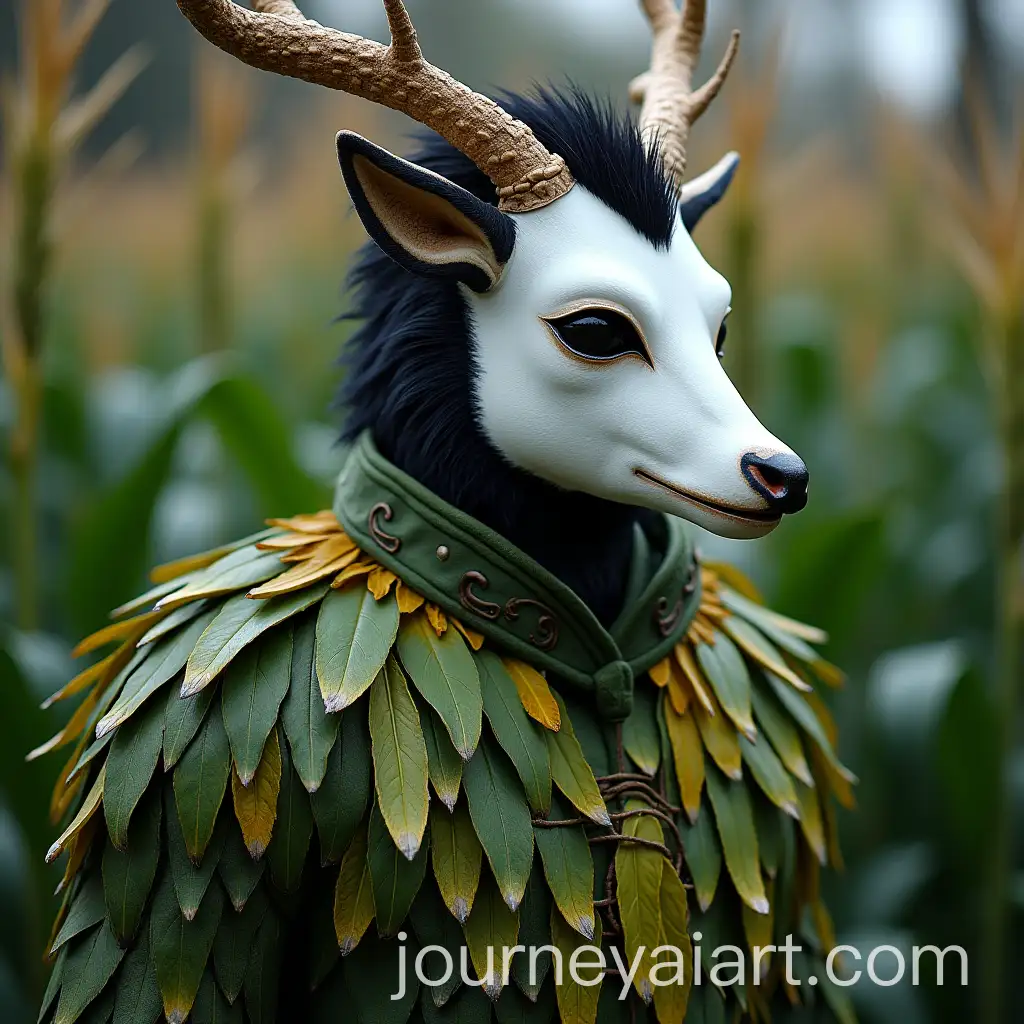 Man-in-Corn-Leaf-Suit-with-White-Deer-Mask-and-Black-Crest