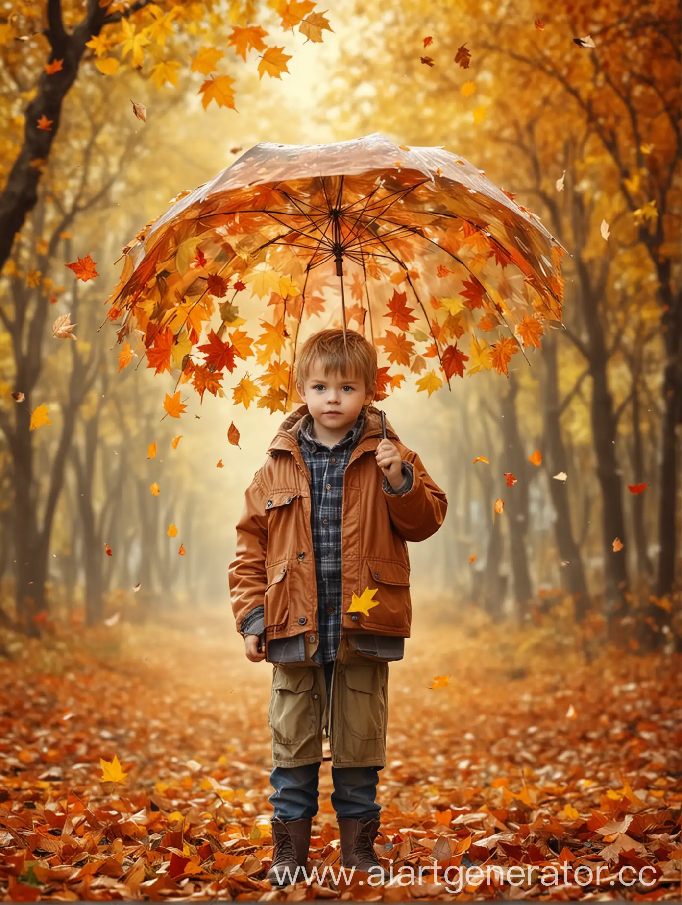 Boy-with-Transparent-Umbrella-in-Autumn-Glade-with-Flying-Leaves